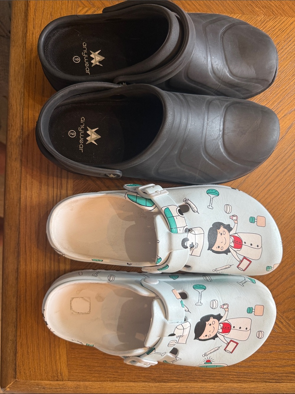Two Pairs of Comfort Clogs Nursing Shoes- Black and White Medical Print